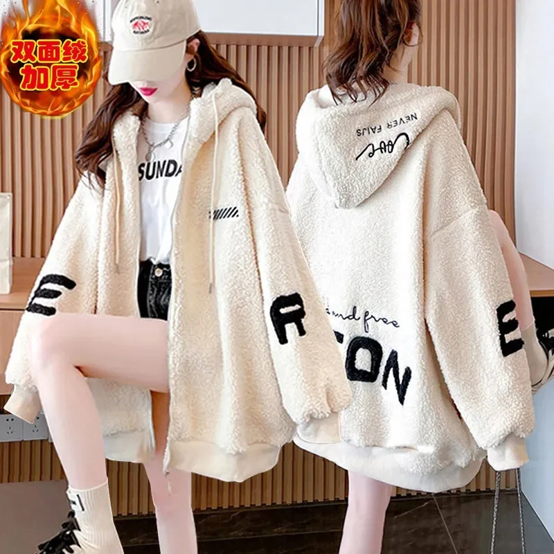 

Double-Sided Cashmere Lamb Coat Female Tide ins Autumn and Winter Plus Cashmere Hoodie 2023 New Loose Thickened Cardigan Clothes