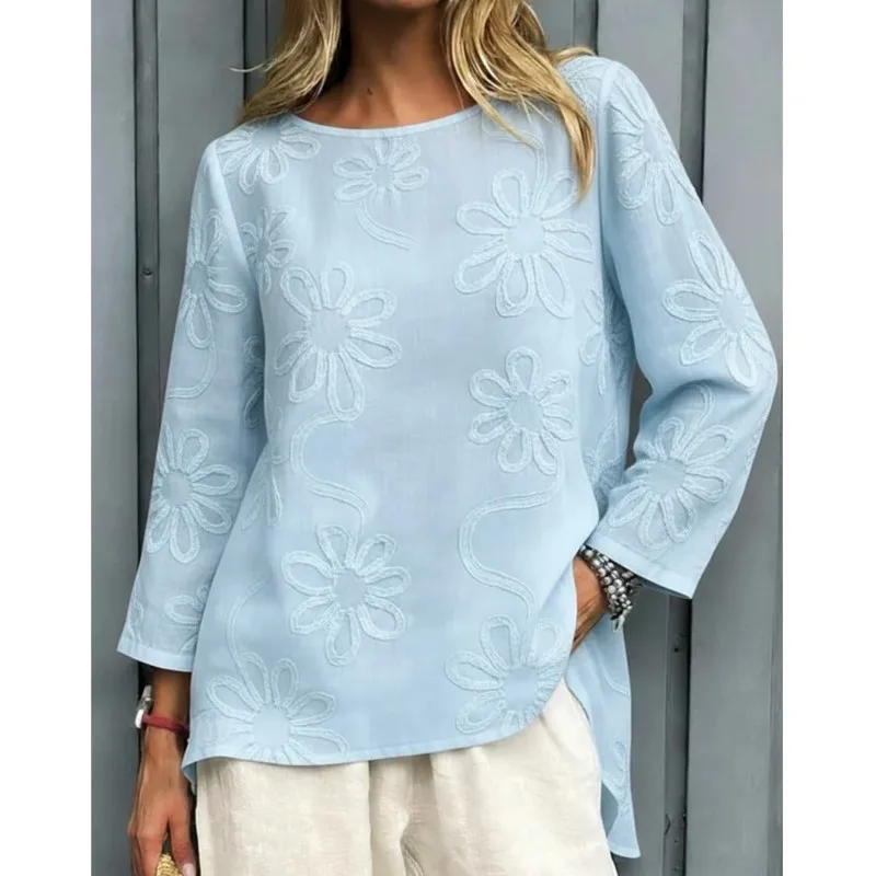

Fashion Elegant Flower Printed Shirts Top For Women 2026 Summer O-Neck Long Sleeve Casual Loose Blouses Shirts Office Lady Tops