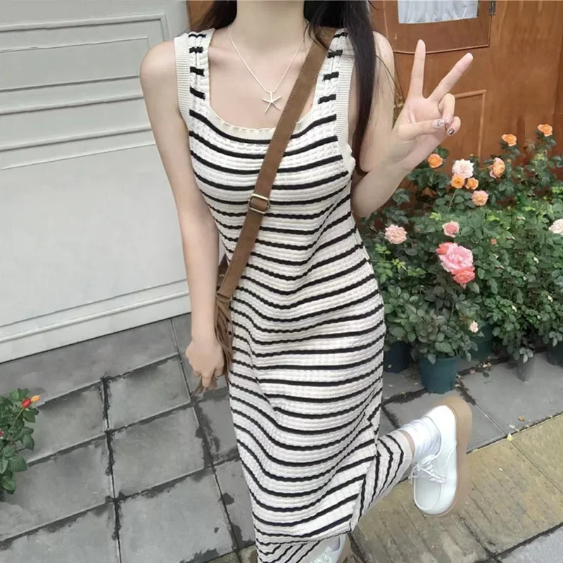 Vintage Striped Knit Dress Women's Loose-fit Hollow Out Ribcage Side Slit Round Neck Vest Tank Long Dress Slimming