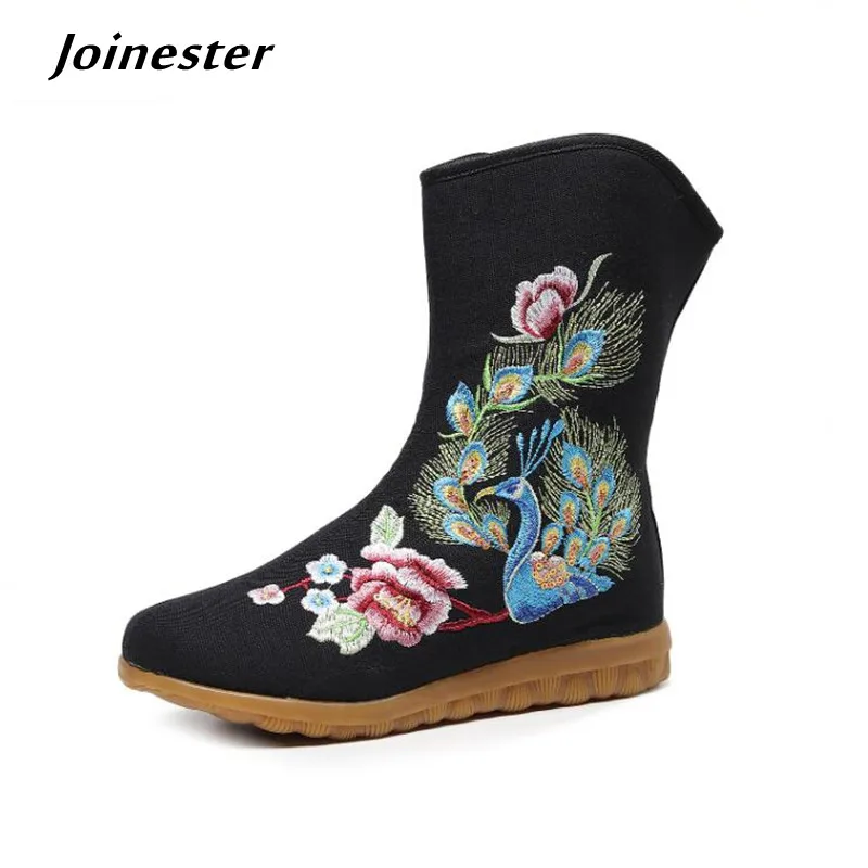 Peacock Embroidered Cotton Fabric Women Ankle Boots Side Zip Ethnic Vintage Stylish Short Booties for Girls Casual Sequins Shoe