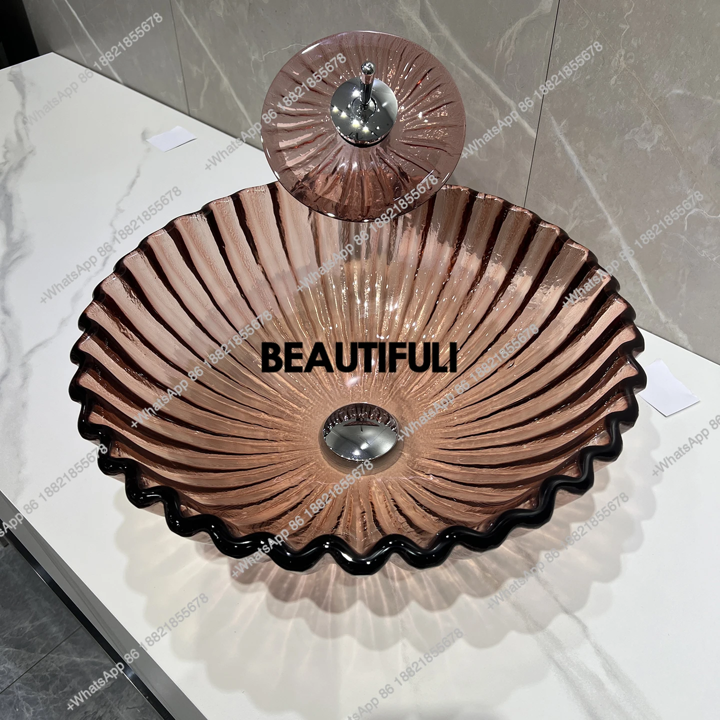 Transparent green tempered glass washbasin, modern round bathroom countertop basin, creative wave striped art washbasin