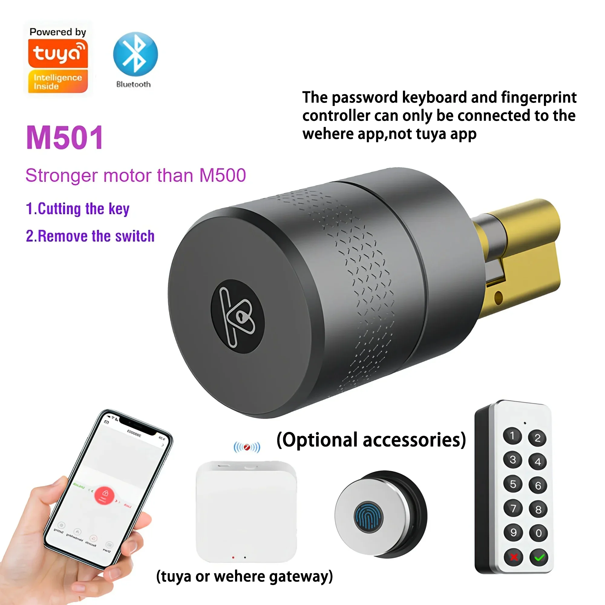 M501 Wehere Tuya Smart Door Lock Cylinder Fingerprint Bluetooth Door Lock Smartlife Control Version