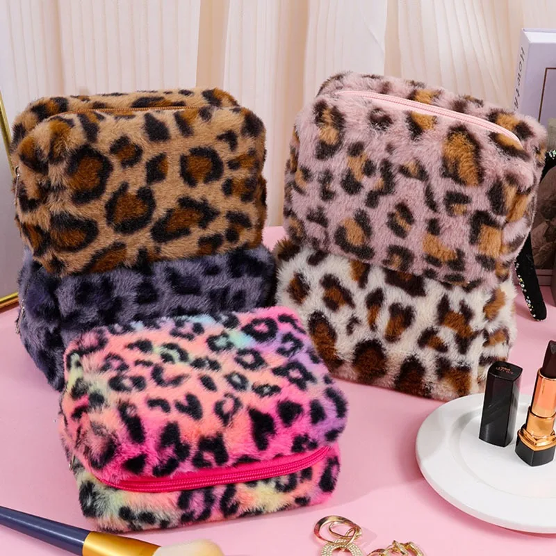 Fashion Leopard Fur Makeup Bags Soft Travel Women Cosmetic Bag Organizer Case Lady Girls Make Up Bags Toiletry Handbags Case Kit