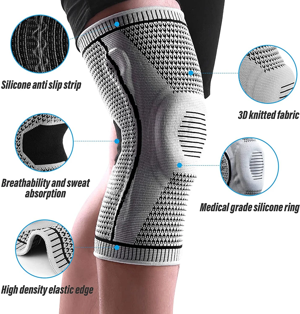 2pcs Knee Compression Sleeve-Professional Knee Brace Support,Elastic Non-slip Knee Wraps Patella Stabilizer&Silicone Gel Spring