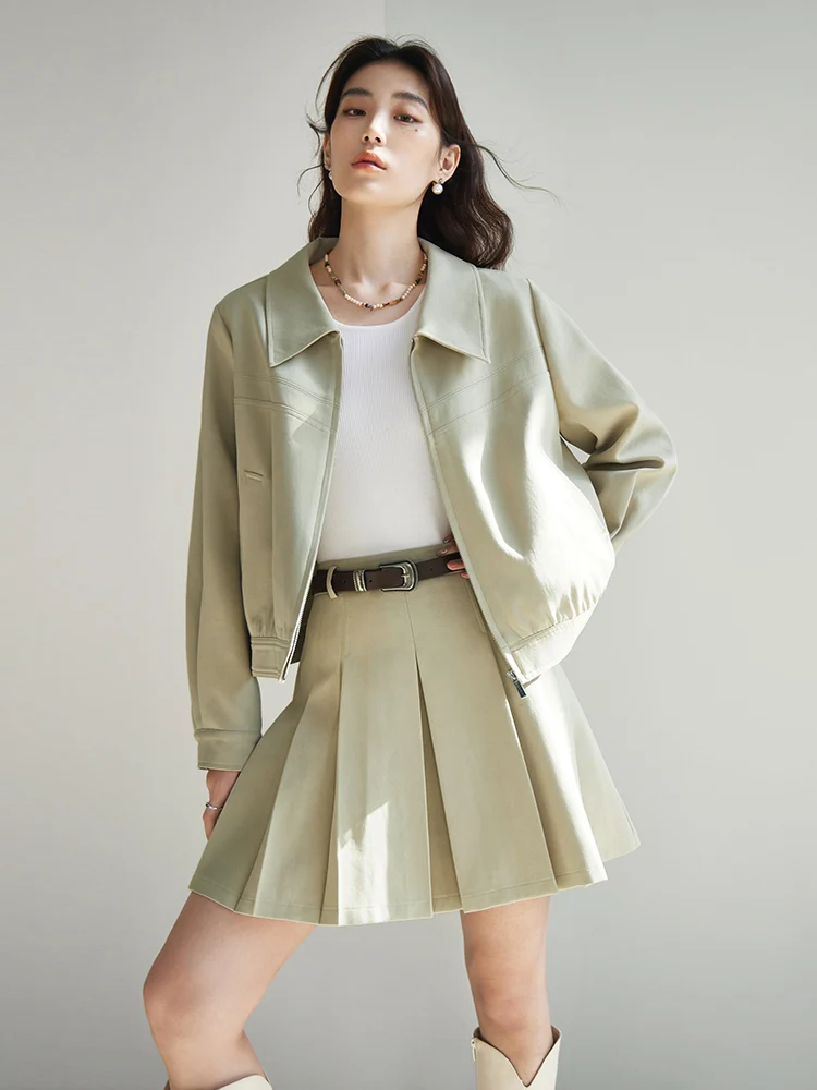 DUSHU Khaki Simple Casual Women Spring Fashion Suit Sets Turn-Down Collar Zipper Placket Short Twill Coats 24DS81131 24DS81191