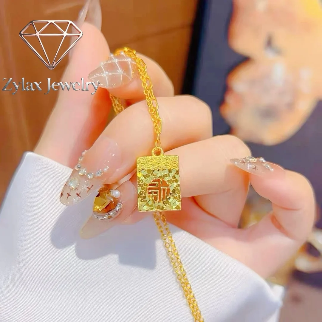 Zylax Jewelry Crushed Ice Fortune Tag Pendant Women's 24K Gold AU999 - Lightweight neck-fit design, no discomfort, for all-day w