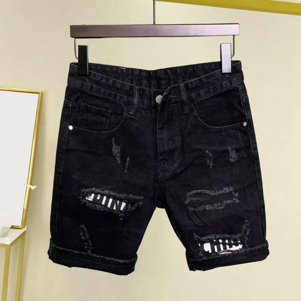 Men\'s Ripped Denim Shorts Fashionable Summer Slim Shorts Pants with Distressed Ripped Design Holes Korean Style Short Jeans Male