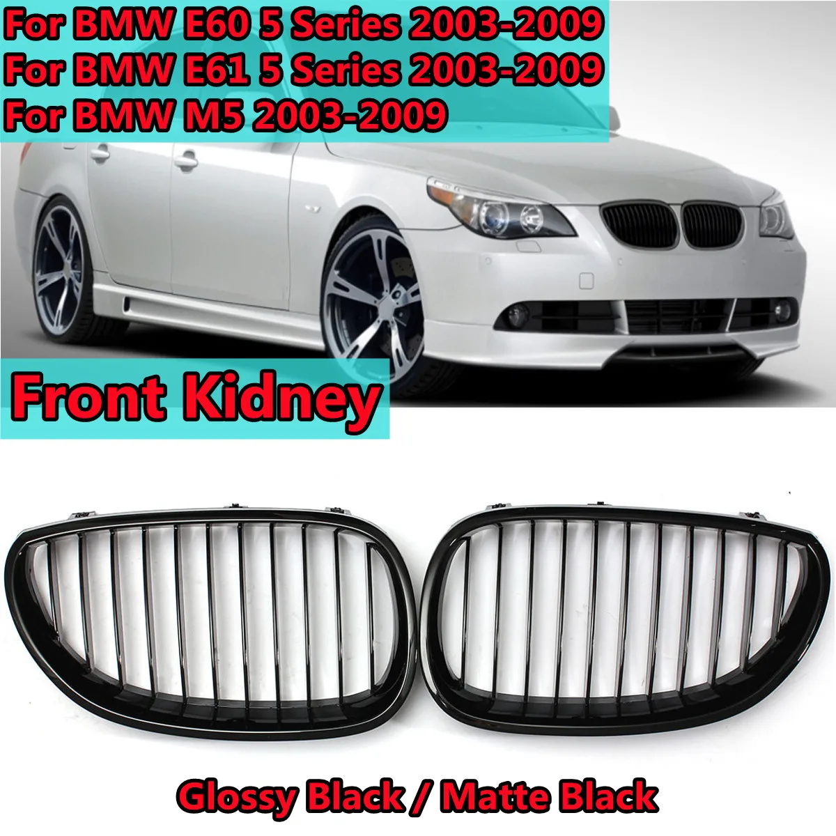 

For BMW 5 Series E60 M5 E61 520i 545i 550i 535i 2003-2010 Front Bumper Kidney Grille Grill Hood Mesh Single Line Glossy/Matte