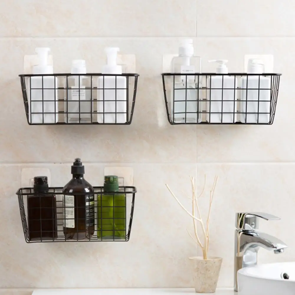 Bathroom Shower Shelf Iron  Grid Holder Jar Bottle Storage Basket Wall Hanging Rack Toothbrush Holder No Drilling Home Organizer