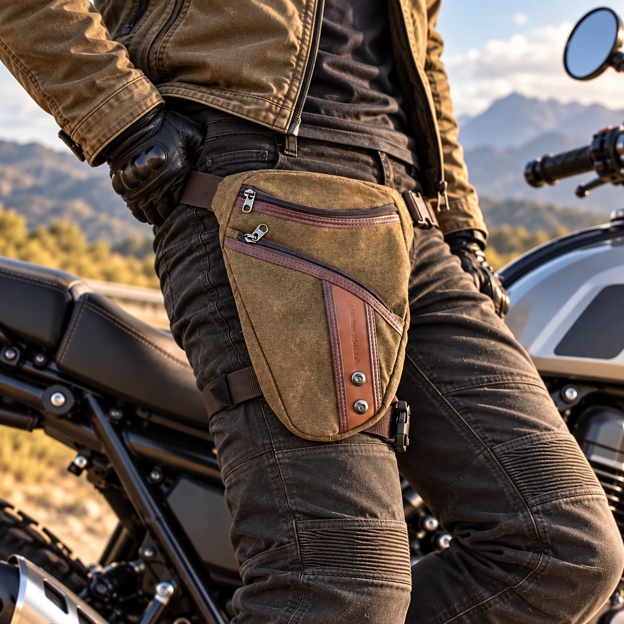 Motorcycle Leg Bag Drop Thigh Pouch - 男性用バイク用ドロップレッグバッグ。ヴィンテージ風の多機能サイドポーチで、ウエストと脚に取り付けられる調整可能なストラップ付き。バイクでの移動や旅行に便利な収納ポーチ。