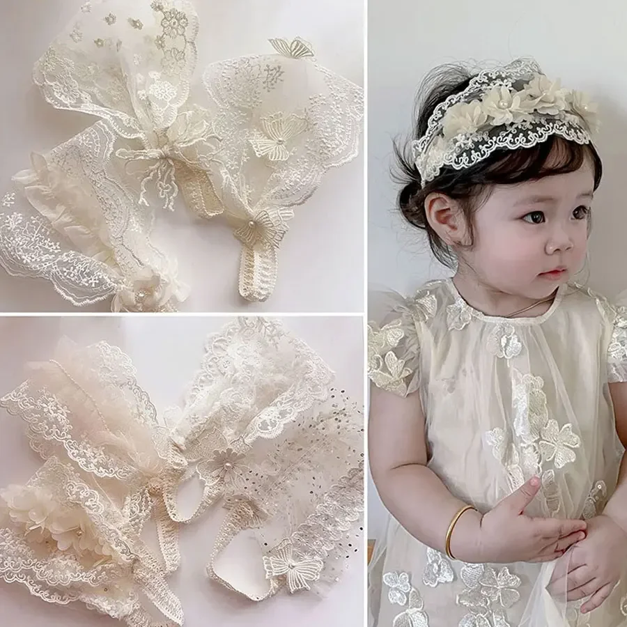 

Summer Hollow Lace Wide Baby Headband Princess Girl Retro White Flower Bow Cute Baby Headband Elastic Hair Bands Accessories