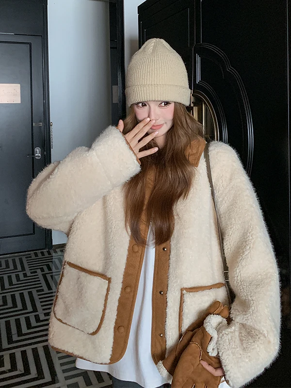 Damski płaszcz z futra jagnięcego, ocieplany, jesienno-zimowy, nowy, elegancki, do pracy, zintegrowany skórzano-futrzany, ciepły, puszysty płaszcz wierzchni.