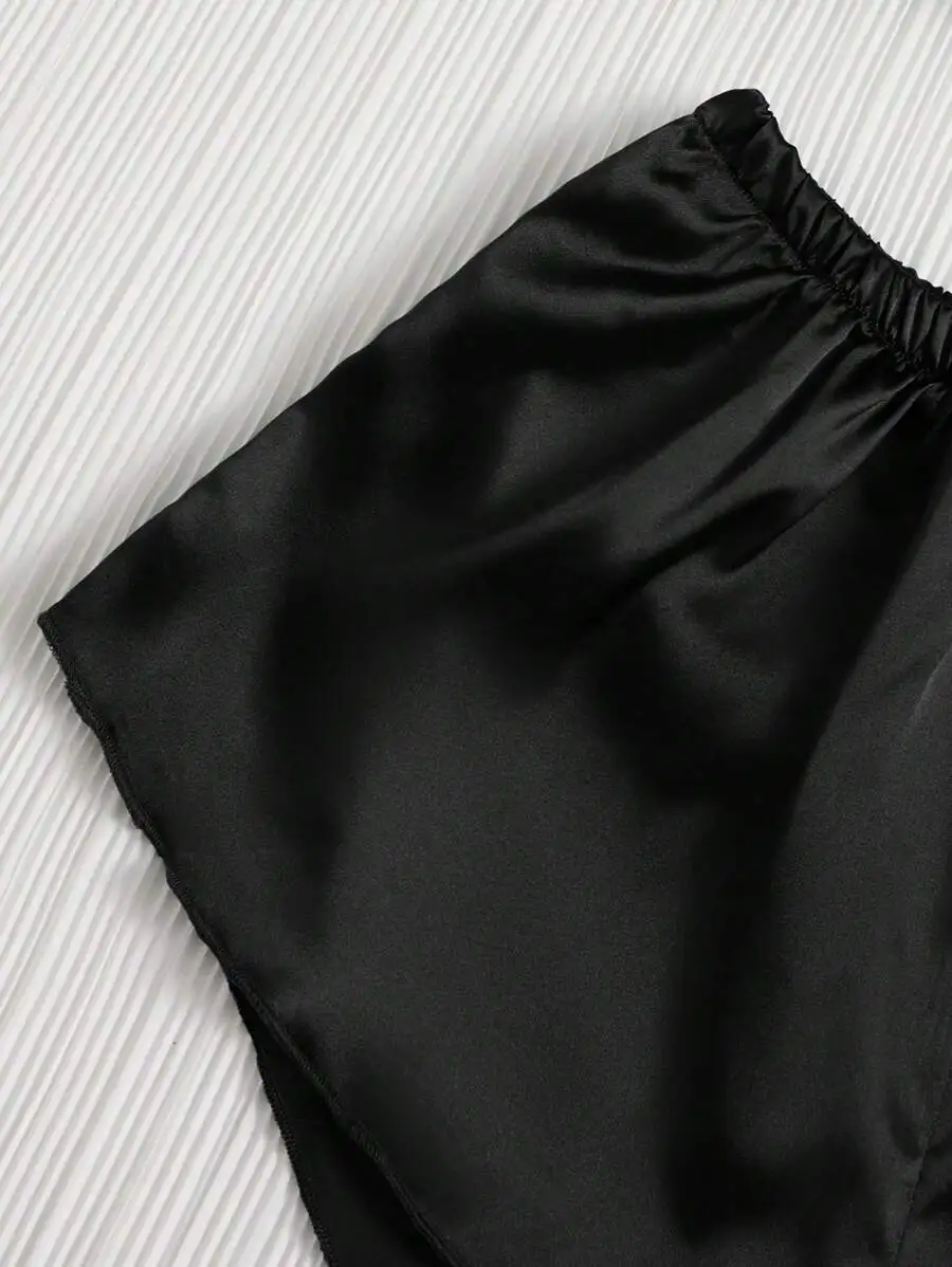 Black Color Pleated Satin Pajamas Set Including Camisole Shorts And Long Pants Silk Women Sexy Sleepwear Summer Lingerie Bra