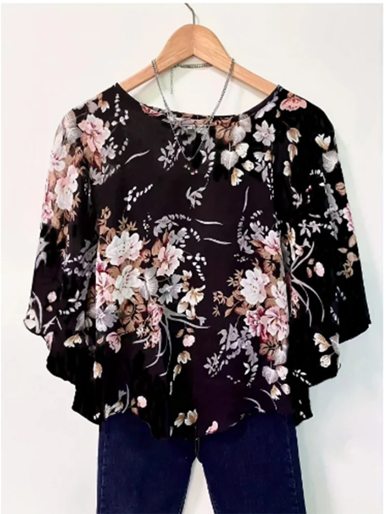 Nice Black Flower Printed Mid Sleeve Loose Blouse Women's Summer Elegant Round Neck T-Shirt Top