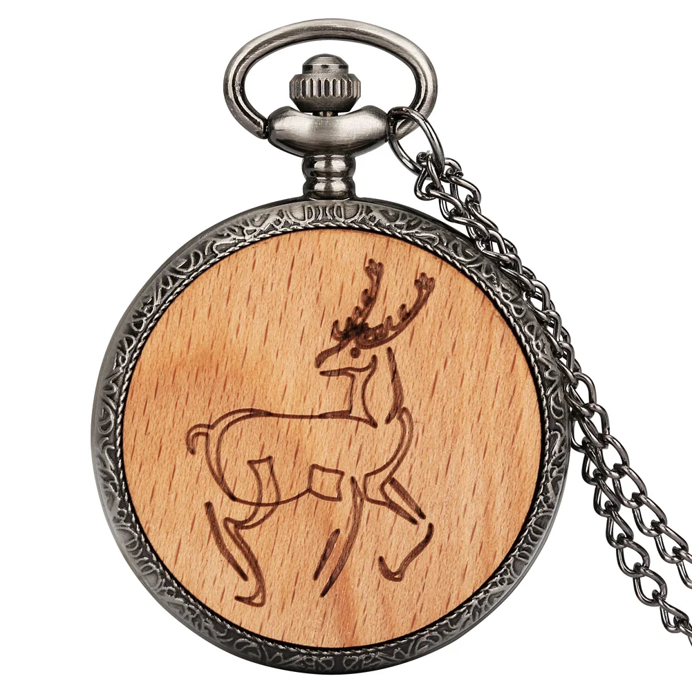 

High Grade Quartz Unisex Pocket Watch Pasted Beech Deer Large Wood Chip Slim Chain Creative Fashionable Pendant Clock Collection