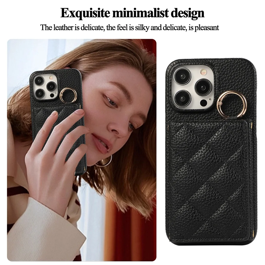 Luxury Crossbody Grid Leather Card Wallet Case For iPhone 11 12 13 14 15 16 17 Pro Max Plus Mirror Makeup Phone Cover With Ring