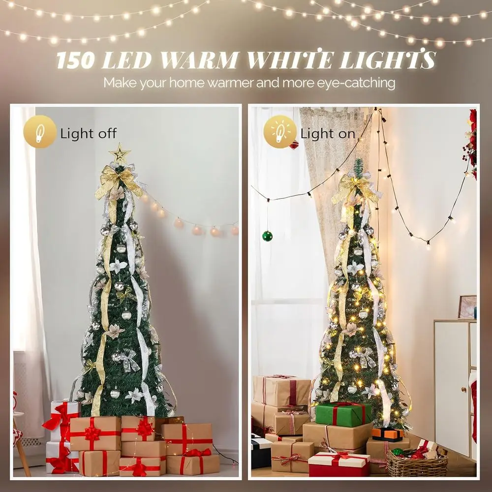 6t up Artiicial Chrisas Pine Tree with 150 Warm White Lights, Xmas Tree day Party Decorations with Sturdy Metal Stand (Gold&Silv view 5
