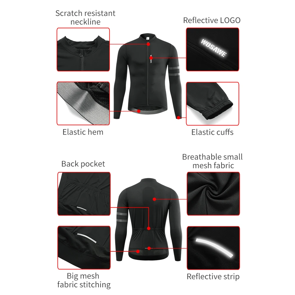 WOSAWE Reflective Jersey Spring Autumn Men\'s Cycling Jersey Long Sleeve Mtb Road Bike Shirt Breathable Seamless 3 Back Pockets