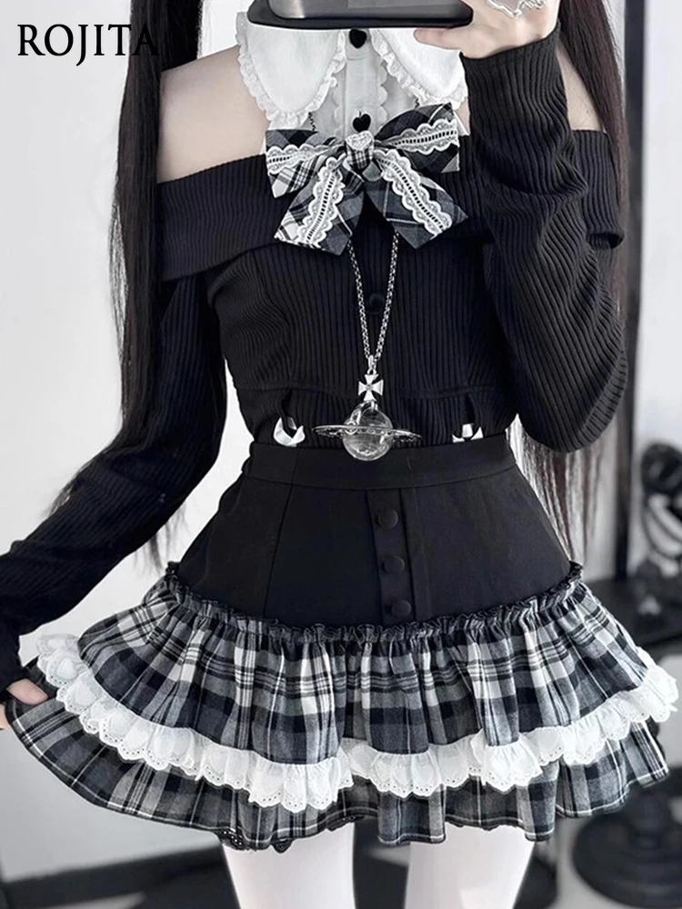 

Dark Cute Style Half Skirt Set with Bowknot Black Long Sleeve Top and Plaid Lace Short Skirt Two-Piece Sets Women Outfits