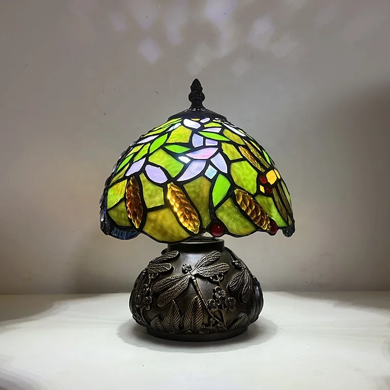 Tiffany Glass Red and Green Flower Dragonfly Table Lamps 8Inch Bronze Mushroom Shape Dragonfly Base Home Table Lamp