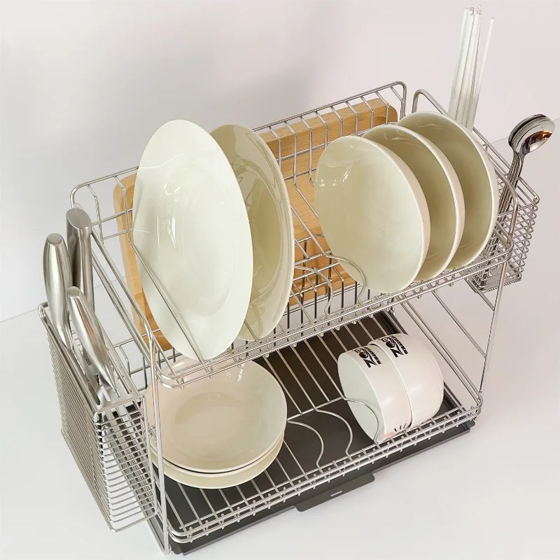 

304 Stainless Steel Dish Rack 2Tier Kitchen Drainer with Utensil Holder Countertop Plate Storage Organizer Rustproof Drying Rack