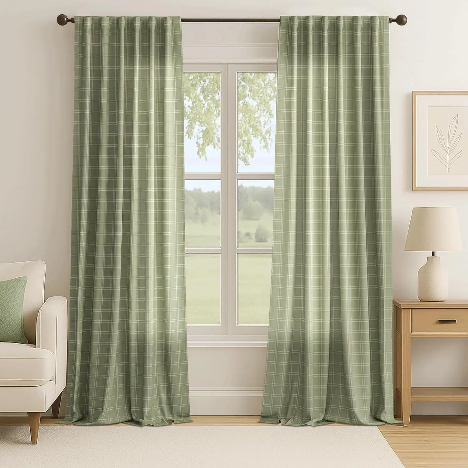 

Зеленые клетчатые шторы длиной 84-дюймового цвета, набор из 2 панелей, светофильтрация, конфиденциальная льняная смесь, клетчатые шторы для гостиной,