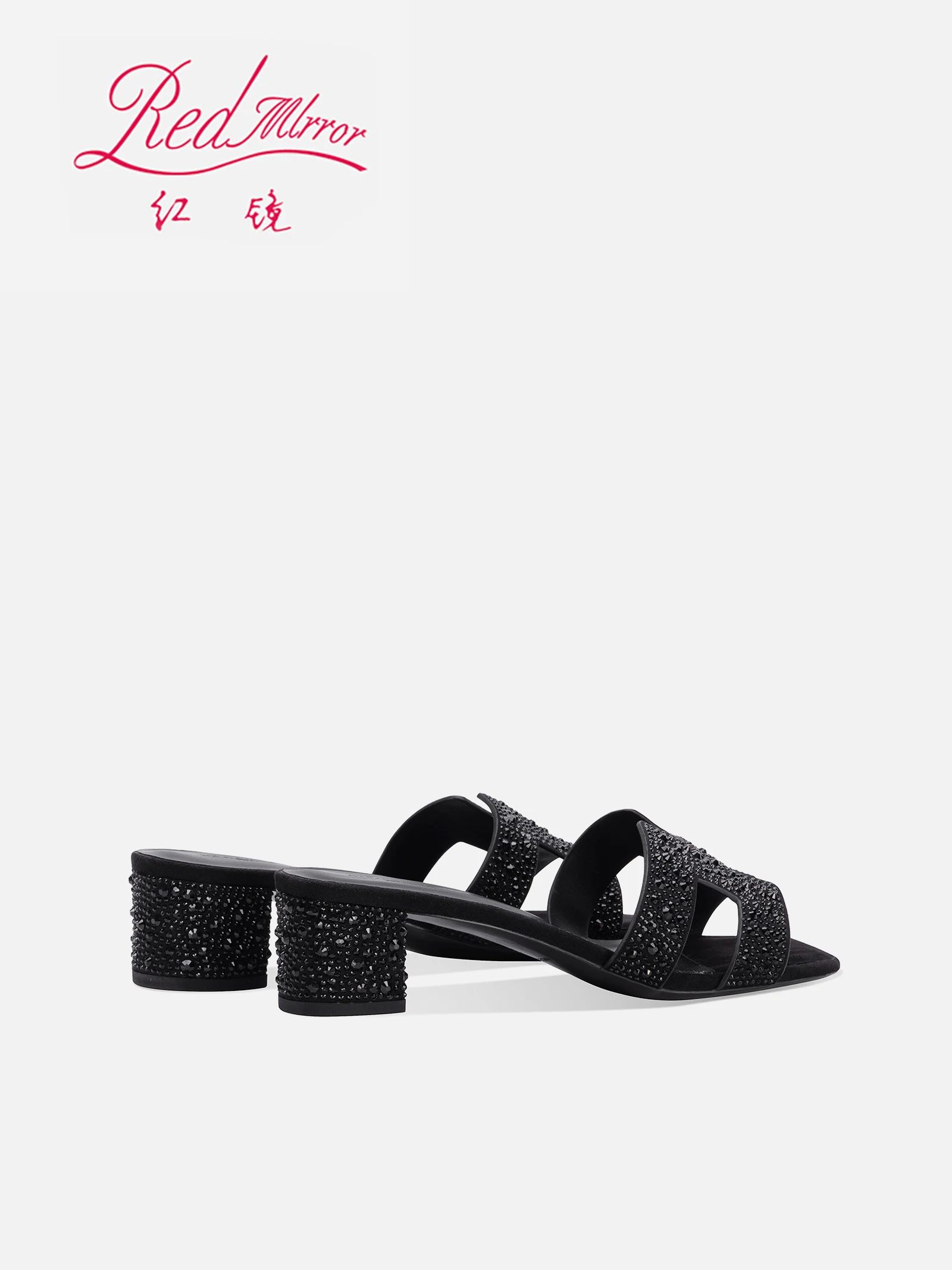 2026 New Women's Sandals Thick Heel Cross Band Beachwear Summer Black Middle Heel Slippers Fashionable Diamond Decorated Slip-On