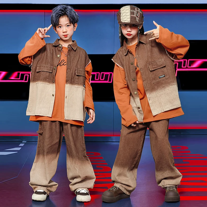 Hip-Hop Street Dance Costume Children Jazz Dance Clothing Sleeveless Gradient Jacket Brown Denim Pants Girl Fashion Clothes 2389