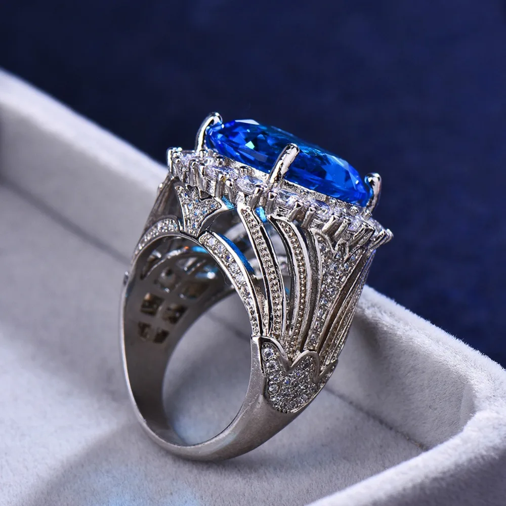 Luxury Female Big Blue Stone Ring Silver Color Wedding Rings For Women 2019 New Year Fashion Engagement Jewelry Gifts