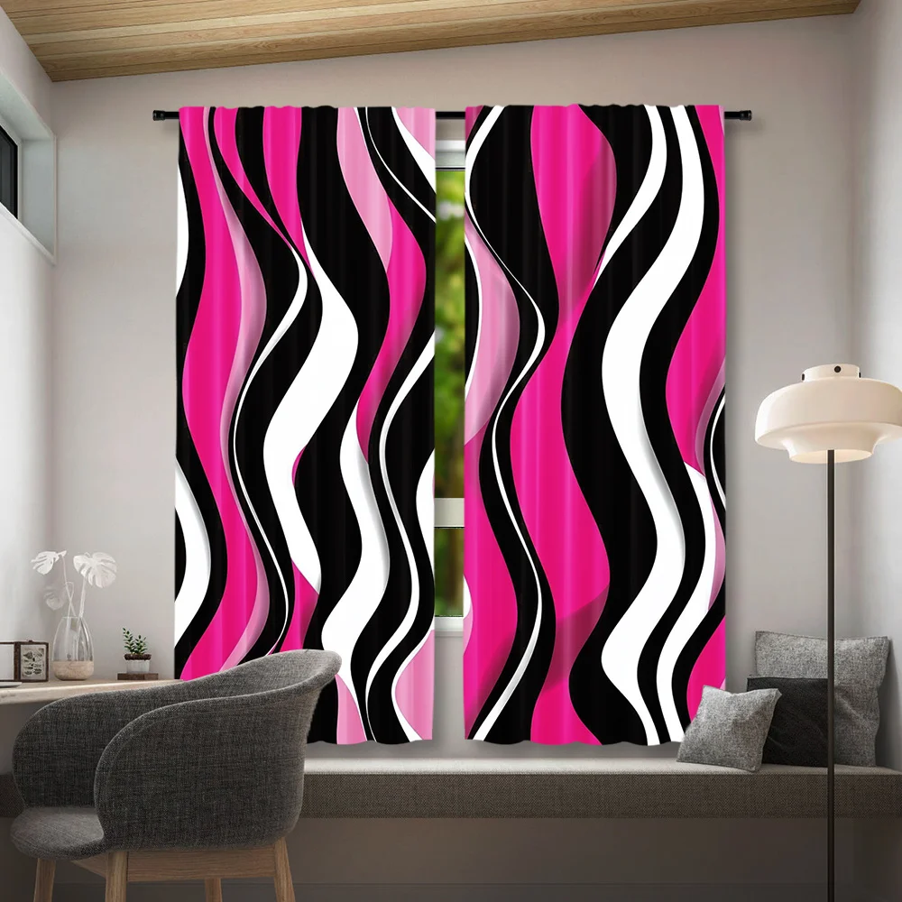 Bold Abstract Pink Black Wavy Pattern Curtains Drapes Modern Living Room Window Panels Geometric Chic Aesthetic Privacy Curtains