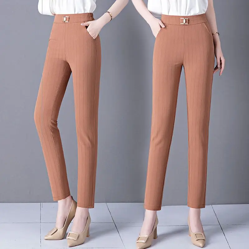 Fashion Straight Slim Solid Color Trouser Suits for Women Spring Summer New Office Lady Casual Simplicity Elastic Waist Pants