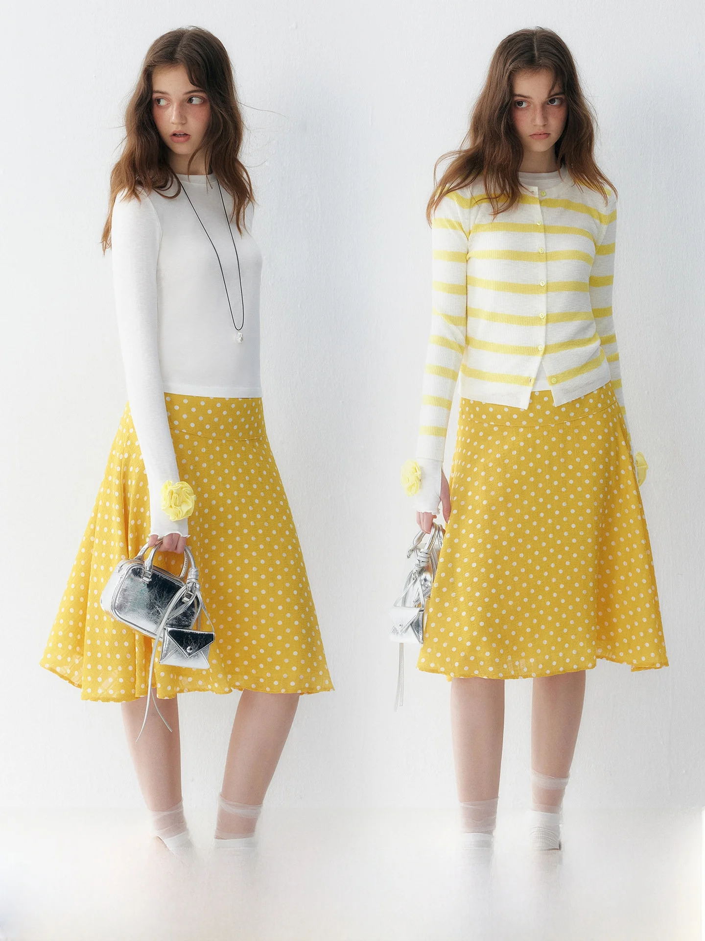  plus Polka Dot A-Line  Skirt for Women Yellow High Waist Skin-Friendly Breathable Polyester Fiber Summer New Arr...