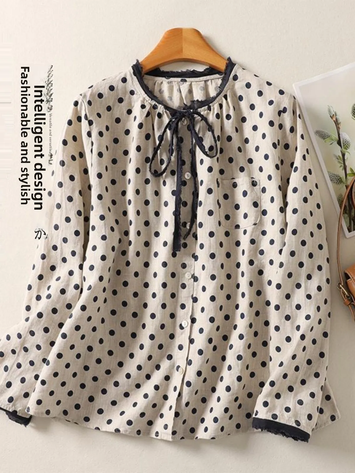 

Художественный хлопковый льняной топ Long Sve irt plus Size с галстуком-бабочкой в горошек, антивозрастной базовый слой, топ для женщин, для поездок на работу, с высокой талией