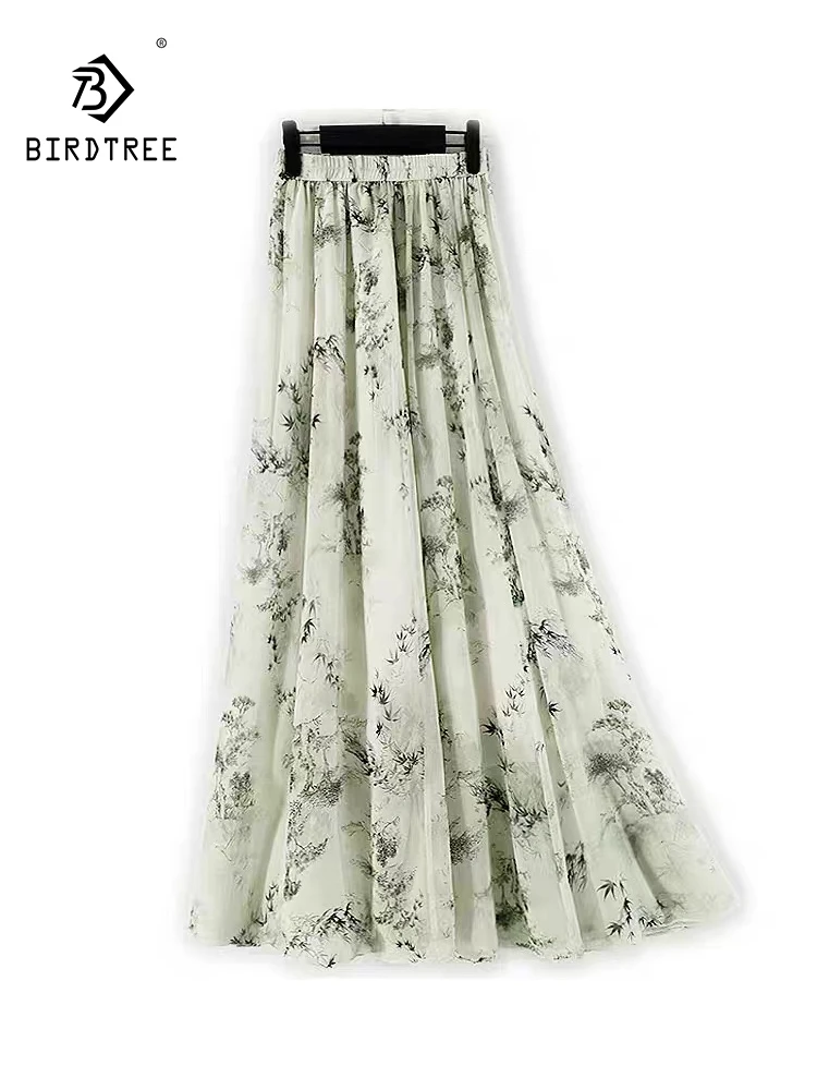 

BirdTree-Женские шелковые элегантные юбки, эластичный принт с высокой талией, юбка трапециевидной формы для пляжного отдыха в стиле ретро, новинка лета-осень 2023, B5O564CC