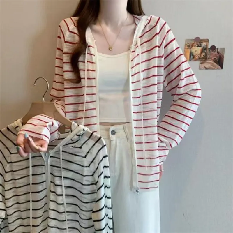 Pink Hoodie Zipper Sweatshirt Women Spring Summer New Striped Top Tunic Jacket Sun Protection Cardigan Breathable Lightweight