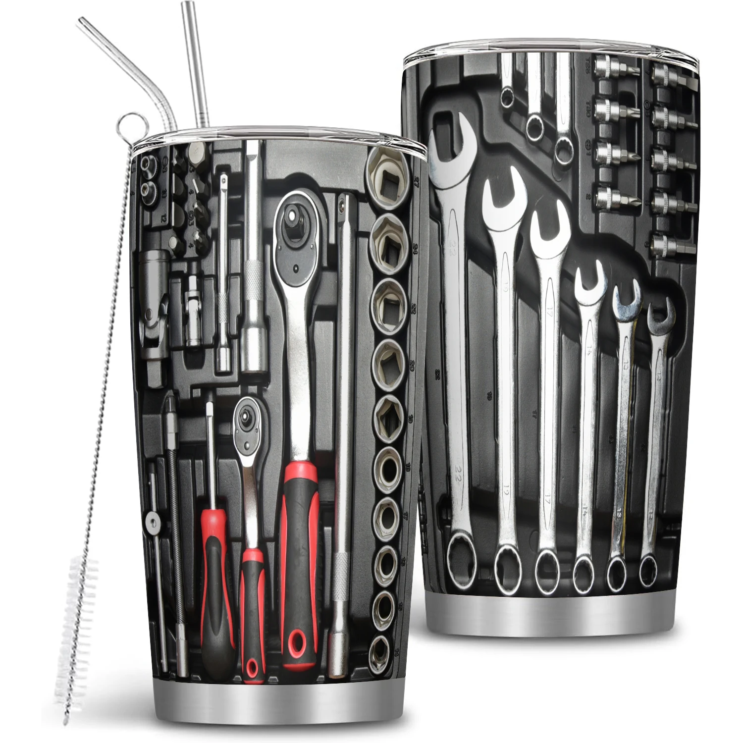 20oz ميكانيكي الأدوات مكنسة من الفولاذ المقاوم للصدأ قارورة مزدوجة الجدار معزول بهلوان مع القش وغطاء إبقاء الباردة الساخنة كوب طباعة هدية