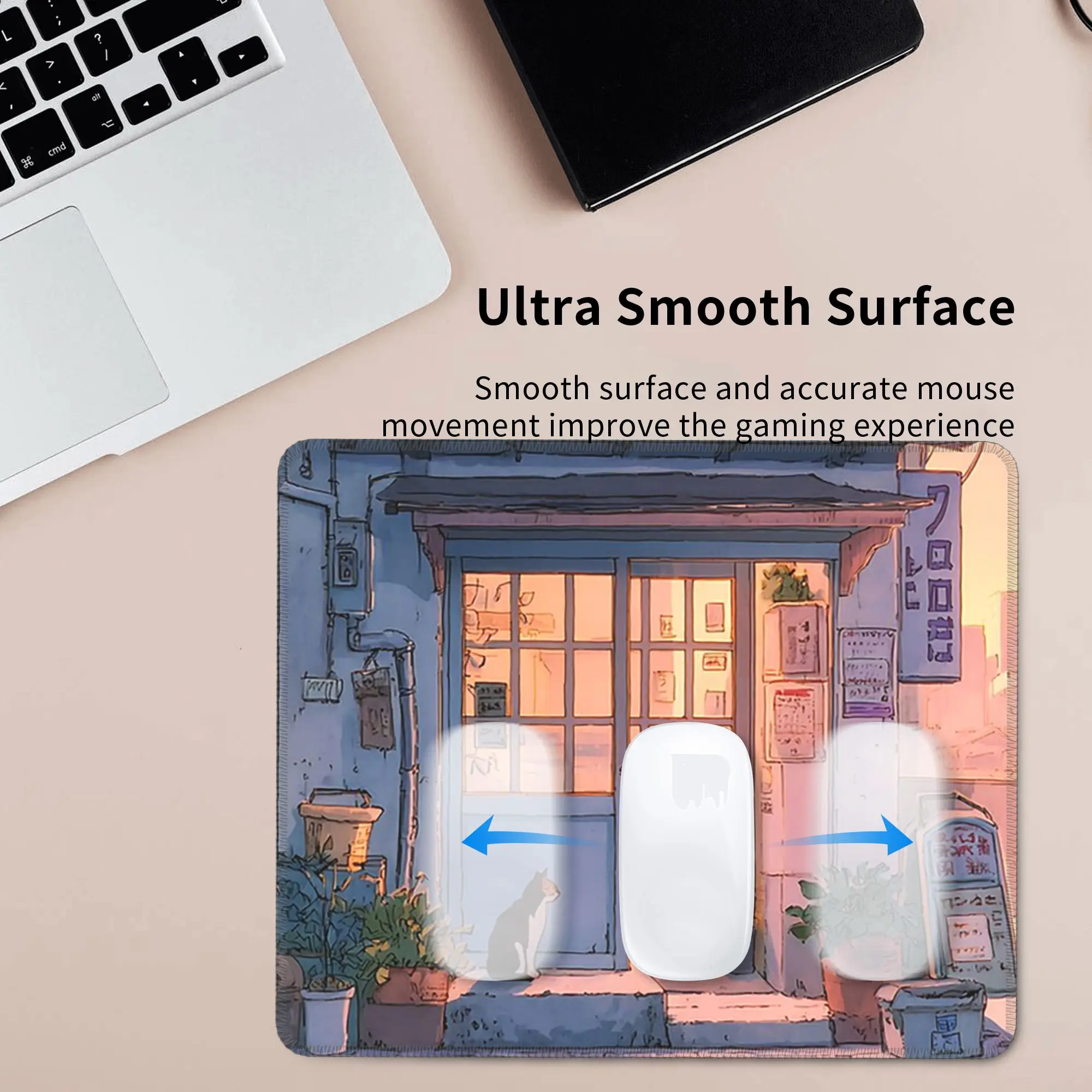 Anime Cat Strolling in Dreamy City Mouse Pad Computer Keyboard Mouse Mat Gamer PC Laptop Desk Mat Office Accessories Table Mats