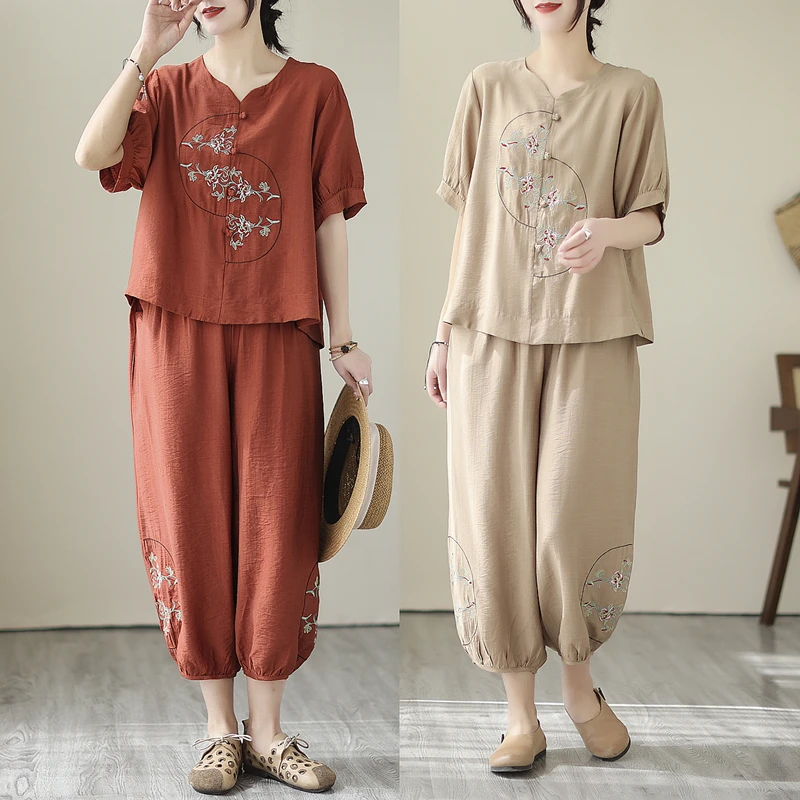 

Ethnic Embroidery Women's Casual Wear T-shirt And Pants Set Summer New Style Two-piece Suit Comfortable Fit Fashionable