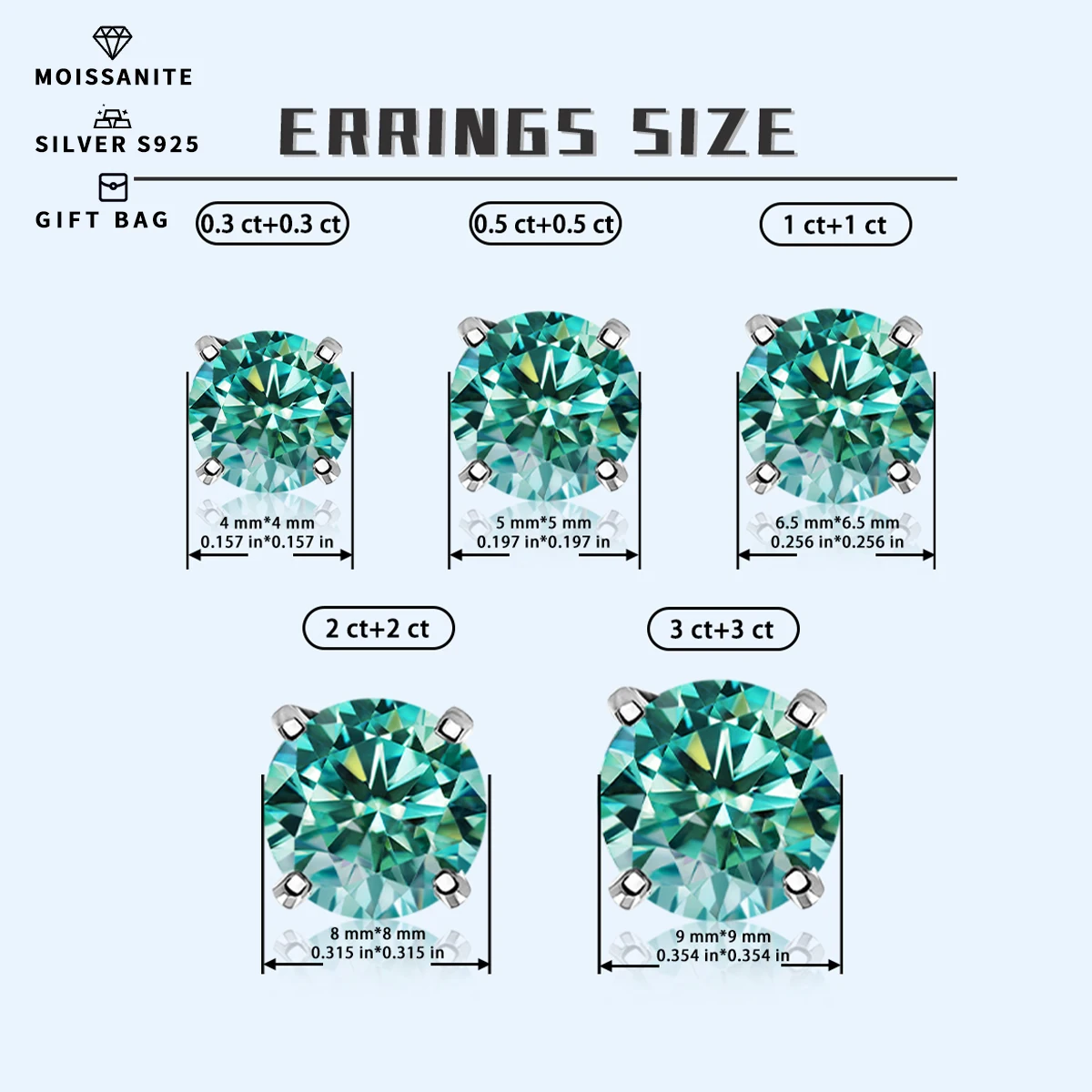 GRA 0.3-3Carat Certified S925 sterling silver Moissanite earrings for women original color colourfast Cyan fine jewelry