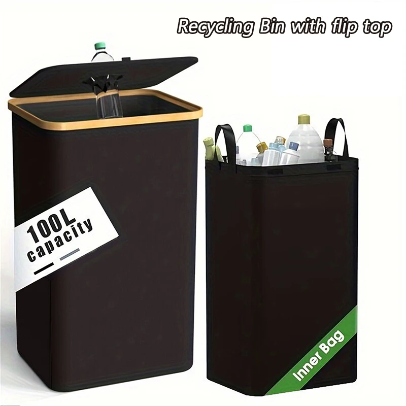 1 Set Kitchen Recycling Bin & Storage Bags, Kitchen Recycle Bin,100L Large Capacity Bottle Recycle Bin With Removable Tote Bags