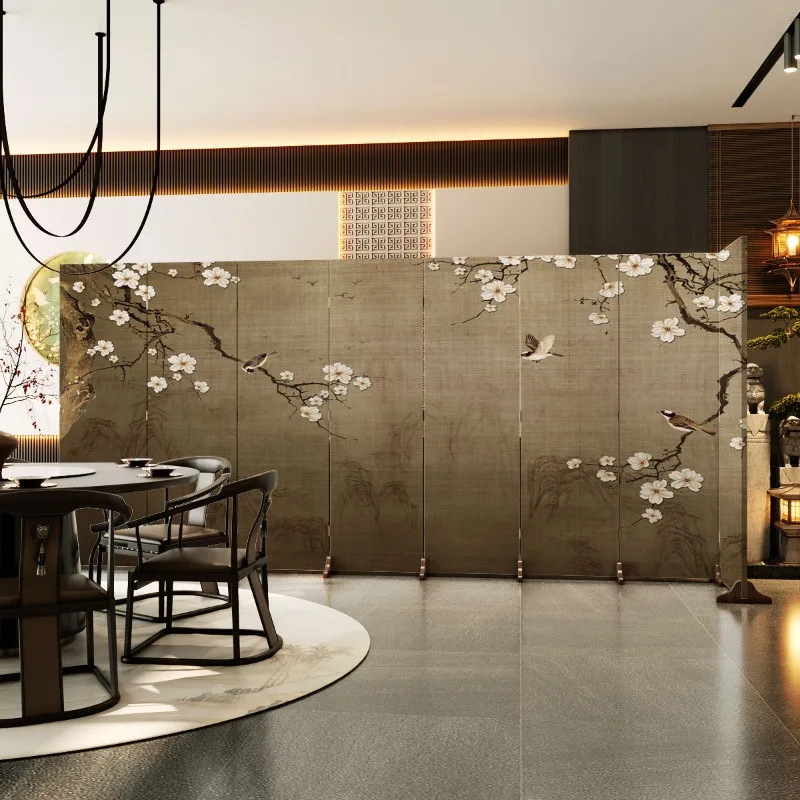 New Chinese magnolia screen partition living room study hotel private room impervious oil canvas folding screen foldable mobile