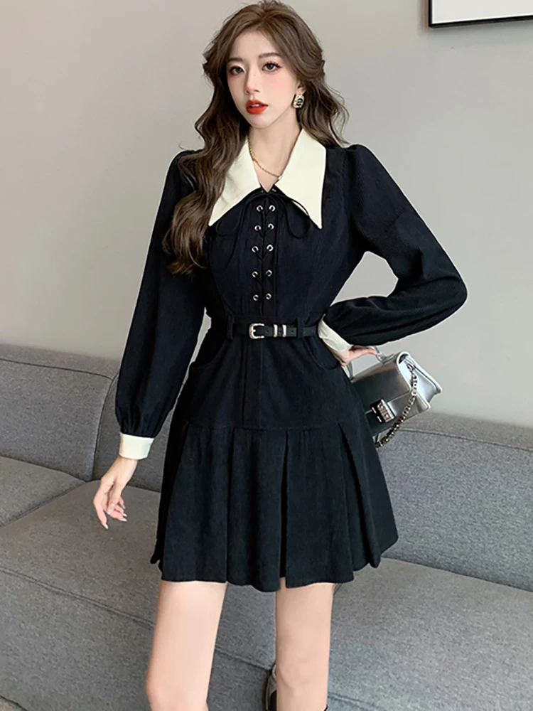 

Autumn Winter Black Corduroy Chic Bow Bandage Short Dress Women Elegant Polo Collar Casual Dress 2024 Korean Vintage Night Dress