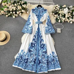 Fashion Designer 2024 Spring Summer Women Printing Palce Style Stand Collar Flare Sleeve Holiday Beach Boho Maxi Dresses