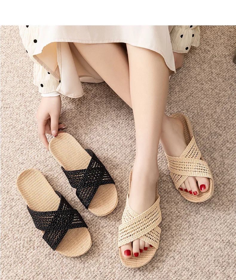 Leinen-Hausschuhe, gewebte Strohsandalen, Damen-Schuhe aus reinem Leinen und Stroh, japanische Hausschuhe für den ganzjährigen Gebrauch, leise, für drinnen, Retro-Stil. – Detail 14