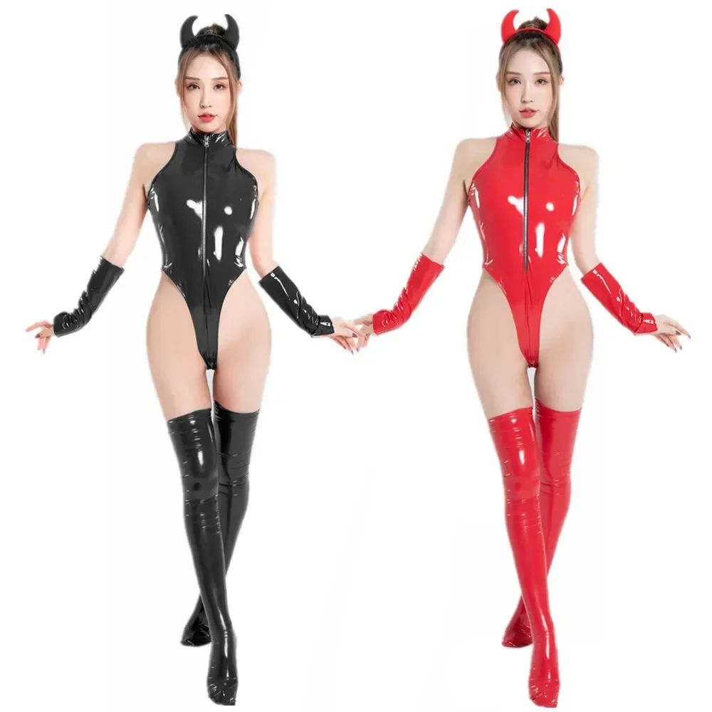 

Women Sexy Shiny Latex Leather Bodysuit Halloween Party Costume Devil Ears Headband Gloves Socks Set Cosplay Performances