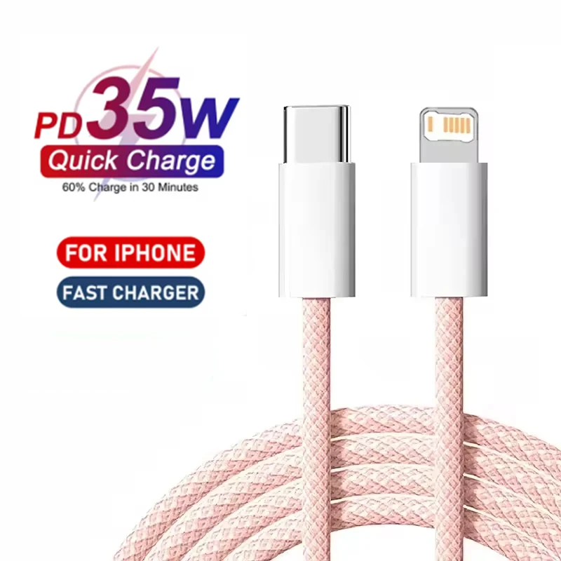 1m 2m Cable Trenzado PD 35W Carga Rápida para iPhone 13 14 Pro Max 11 12 mini X XR XS Max 7 8 Plus Carga Rápida USB-C Datos