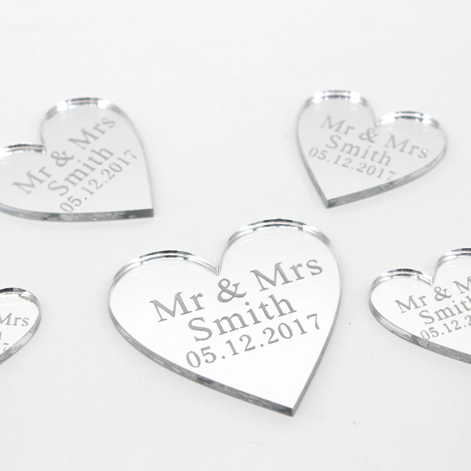 50 Pcs Personalized Name Label Engraved Love Heart Mirror Acrylic  Wedding Baby Baptism Table Party Decoration Custome Gift Tag