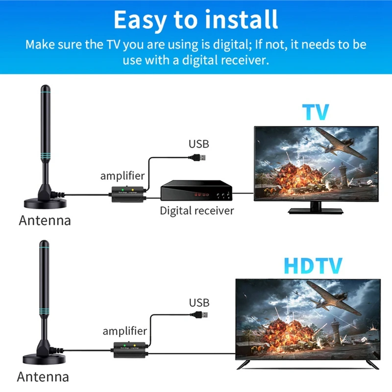 Antena de TV Digital de Alta Definição para Interior e Exterior, Amplificador Universal com Interruptor, Coluna UHF Ajustável, Amplificador Durável