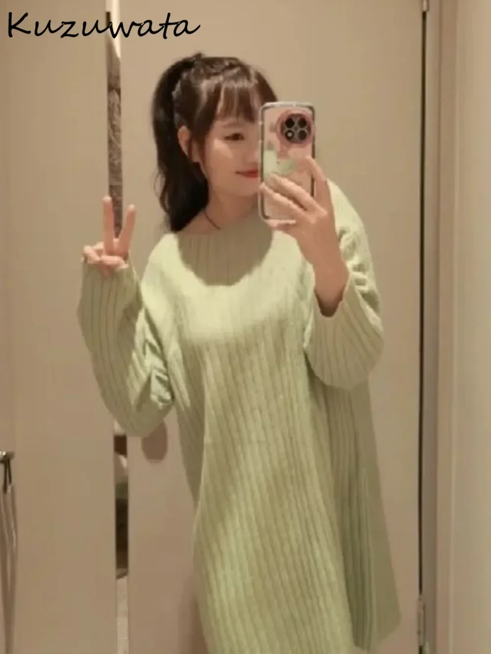 Kuzuwata New Slash Neck Long Sleeve Loose Dress Off Shoulder Stripe Mid-length Robe Japan Knit Slim Fit Sweet Pullover Vestidos