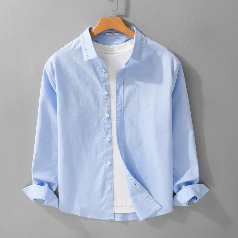 

2026 Spring Autumn Trendy Men's Cotton-linen Long-sleeved Shirt with Embroidery Comfortable Fit Basic Solid Color Workwear Tops
